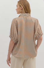 "Trista" Striped Blouse, Mocha +Teal - The Katie Grace Boutique