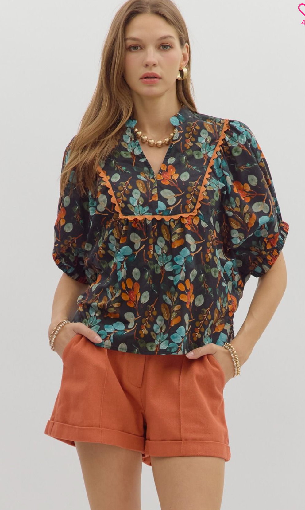 "Aubrey" Botanical Print Blouse, Navy - The Katie Grace Boutique