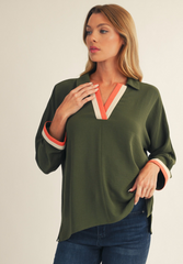 "Tellie" Blouse with Contrast Striping - The Katie Grace Boutique