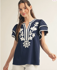 "Lettie" Applique Blouse, Navy - The Katie Grace Boutique