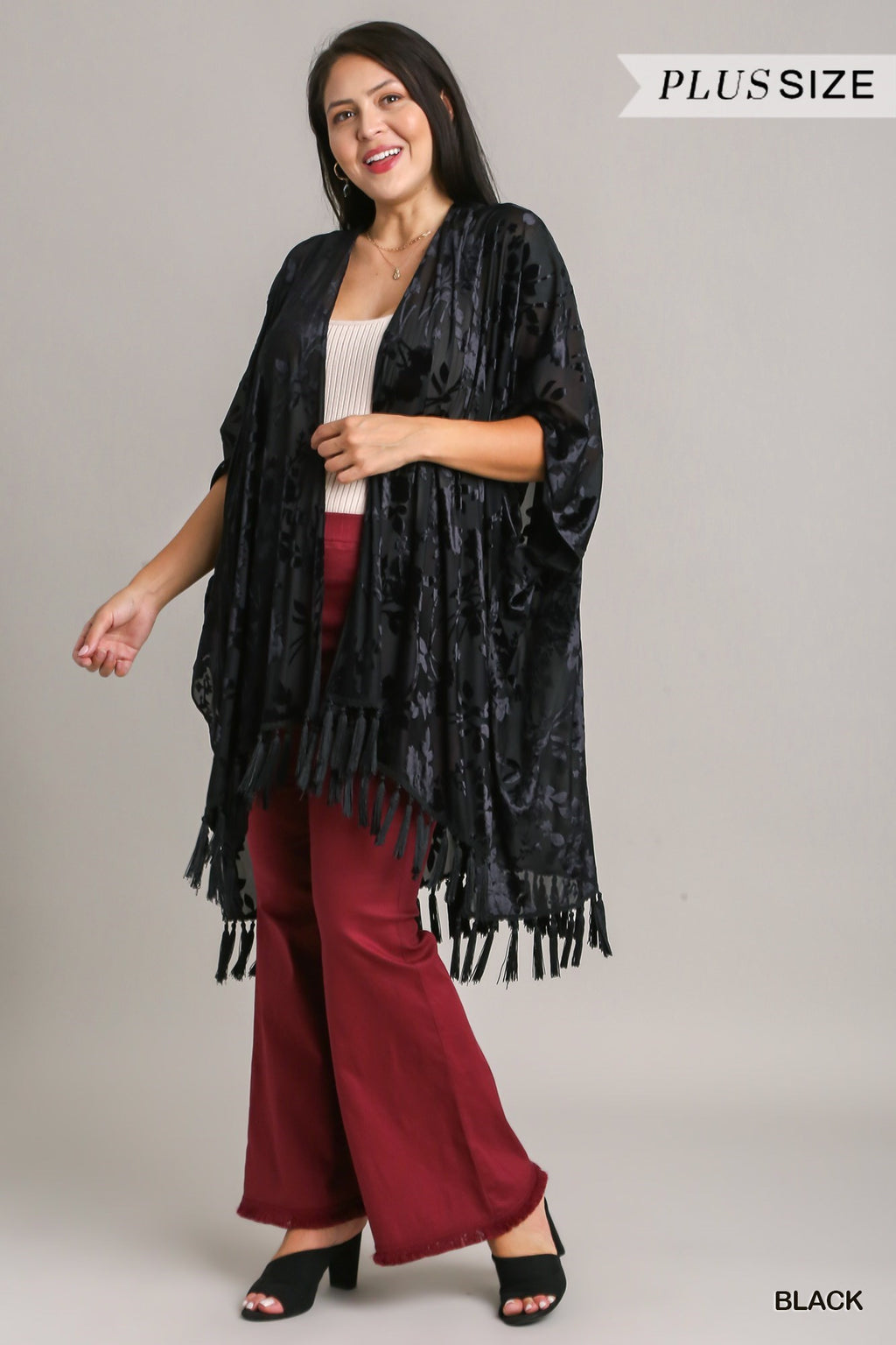 "Kristen" Burnout Velvet Fringe Kimono, Black - The Katie Grace Boutique