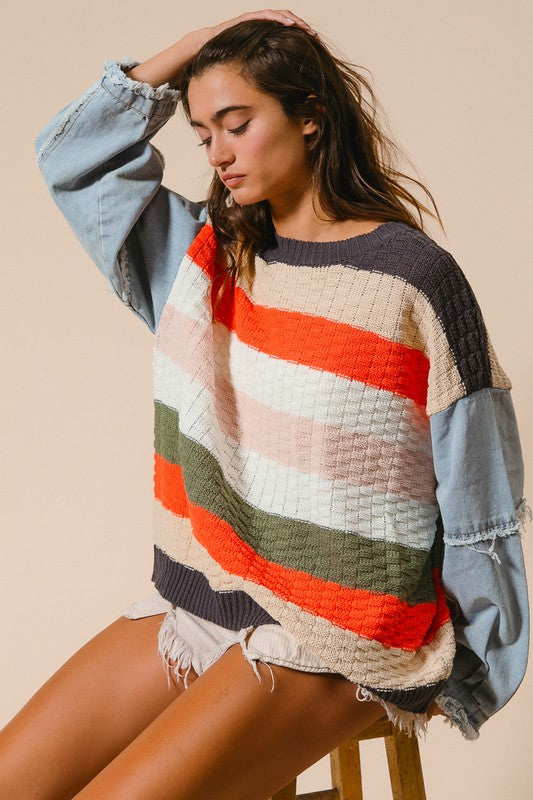 "Taylor" Striped Sweater with Denim Sleeves