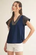 "Amelia" V neck Blouse, Navy