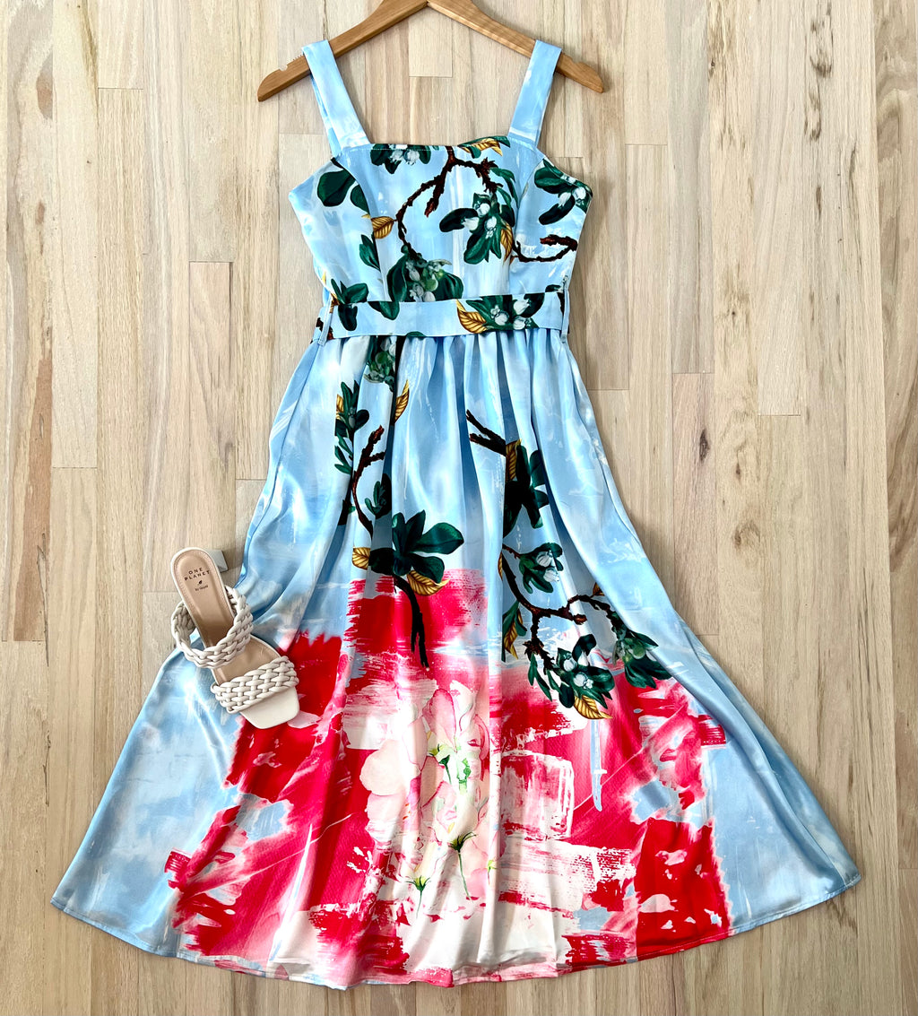 "Evanthe" Satin Tropical Print Dress
