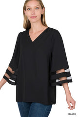 "Lily" Blouse With Mesh Sleeve Detail - The Katie Grace Boutique