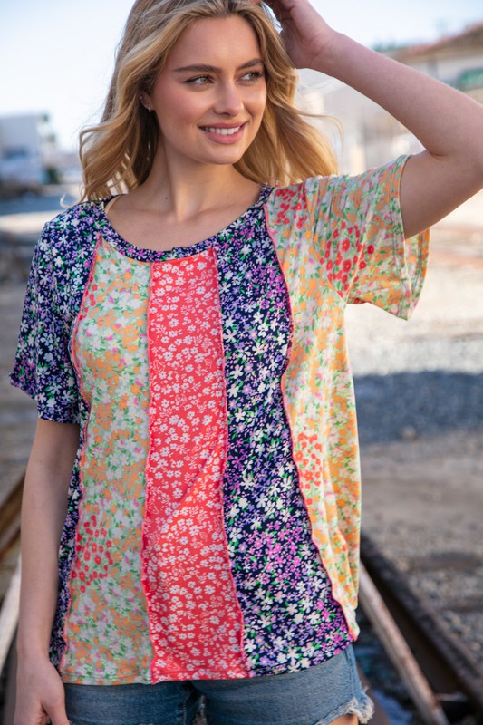 Last One! “Gianna" Floral Color Block Top