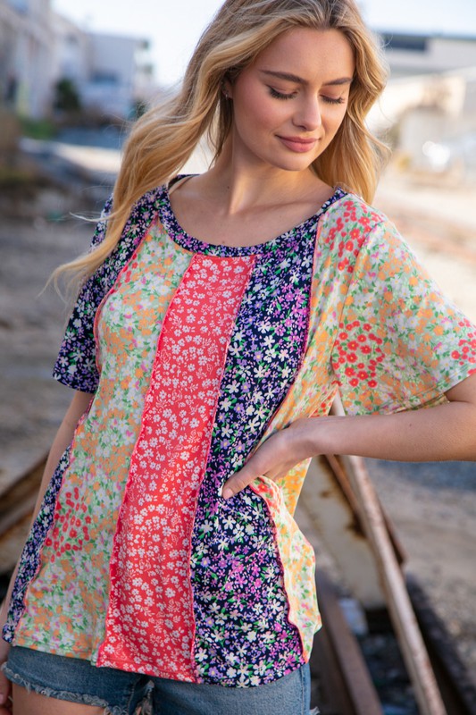 Last One! “Gianna" Floral Color Block Top