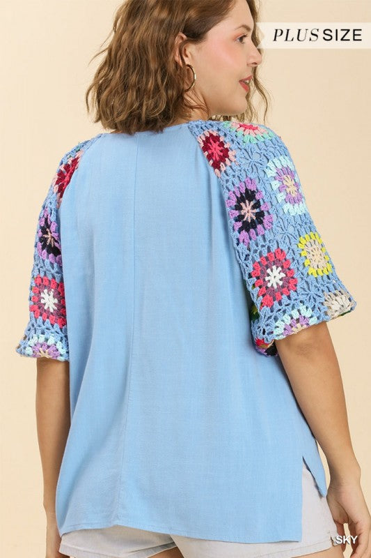 Last One!  "Josephine" Linen Bend Crochet Sleeve Top